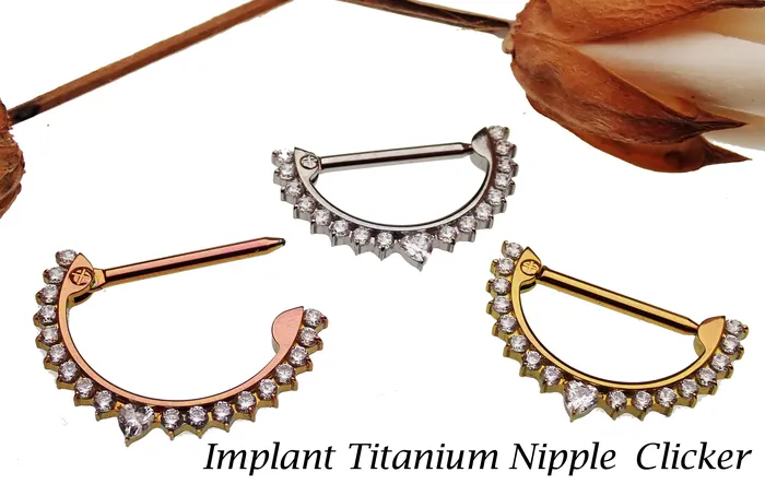 Clear CZ Heart 14g Titanium Nipple Clicker Body Clickers Necklaces