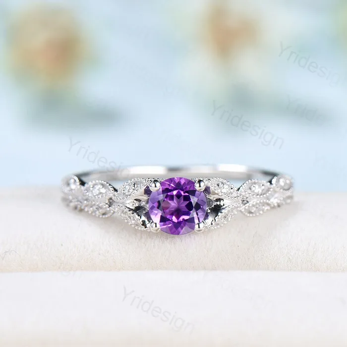 Dainty Amethyst Engagement Ring Purple Amethyst Promise Ring For Women Art Deco 14k white gold bridal ring February Birthstone bride ring PENFINE Rings Dainty Amethyst Engagement Ring Purple Amethyst Promise Ring For Women Art Deco 14k white gold bridal ring February Birthstone bride ring PENFINE Rings