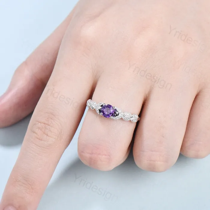Dainty Amethyst Engagement Ring Purple Amethyst Promise Ring For Women Art Deco 14k white gold bridal ring February Birthstone bride ring PENFINE Rings