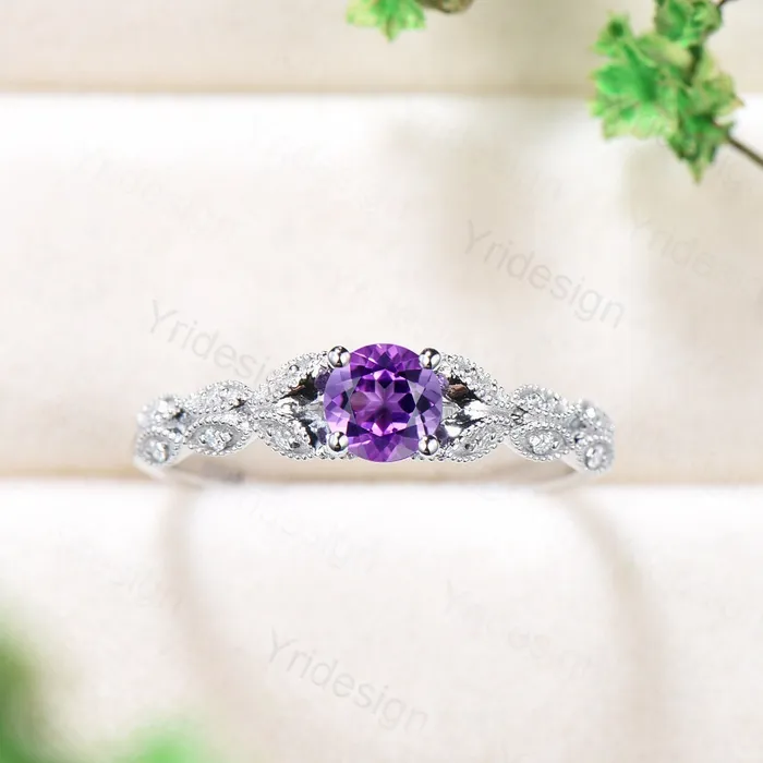 Dainty Amethyst Engagement Ring Purple Amethyst Promise Ring For Women Art Deco 14k white gold bridal ring February Birthstone bride ring PENFINE Rings