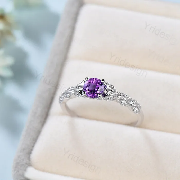 Dainty Amethyst Engagement Ring Purple Amethyst Promise Ring For Women Art Deco 14k white gold bridal ring February Birthstone bride ring PENFINE Rings