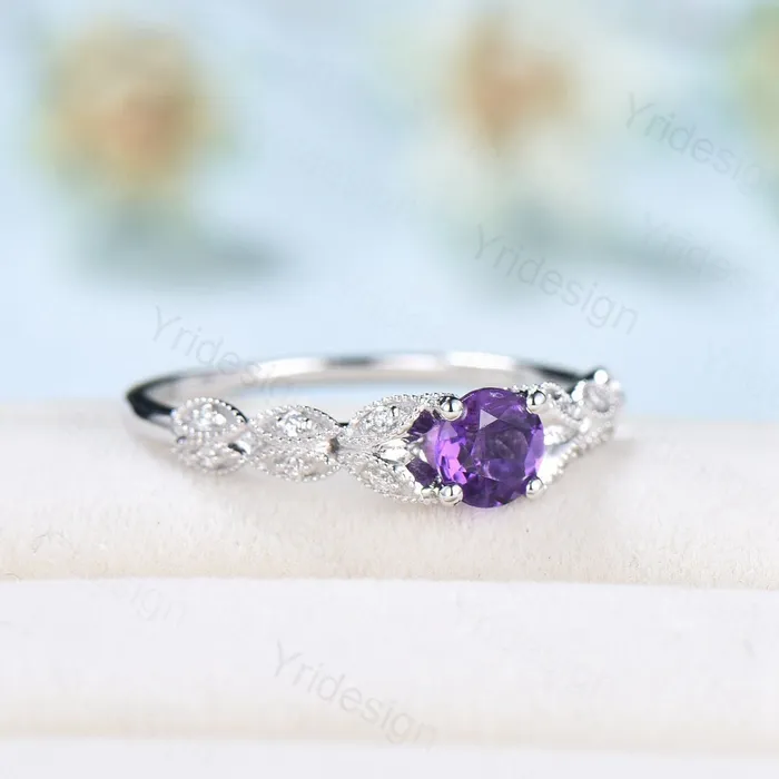 Dainty Amethyst Engagement Ring Purple Amethyst Promise Ring For Women Art Deco 14k white gold bridal ring February Birthstone bride ring PENFINE Rings