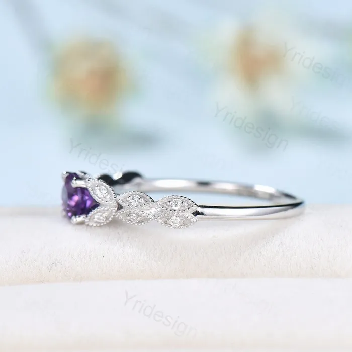 Dainty Amethyst Engagement Ring Purple Amethyst Promise Ring For Women Art Deco 14k white gold bridal ring February Birthstone bride ring PENFINE Rings