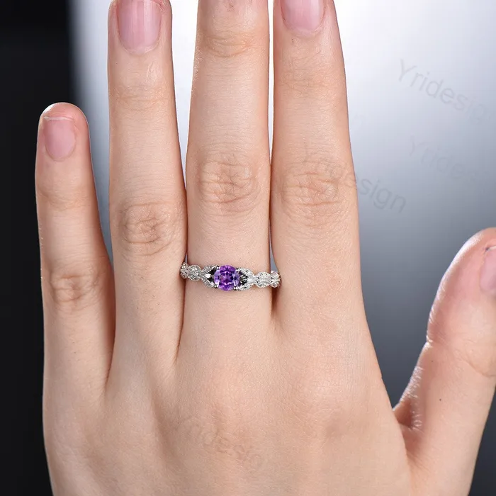 Dainty Amethyst Engagement Ring Purple Amethyst Promise Ring For Women Art Deco 14k white gold bridal ring February Birthstone bride ring PENFINE Rings