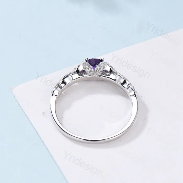 Dainty Amethyst Engagement Ring Purple Amethyst Promise Ring For Women Art Deco 14k white gold bridal ring February Birthstone bride ring PENFINE Rings