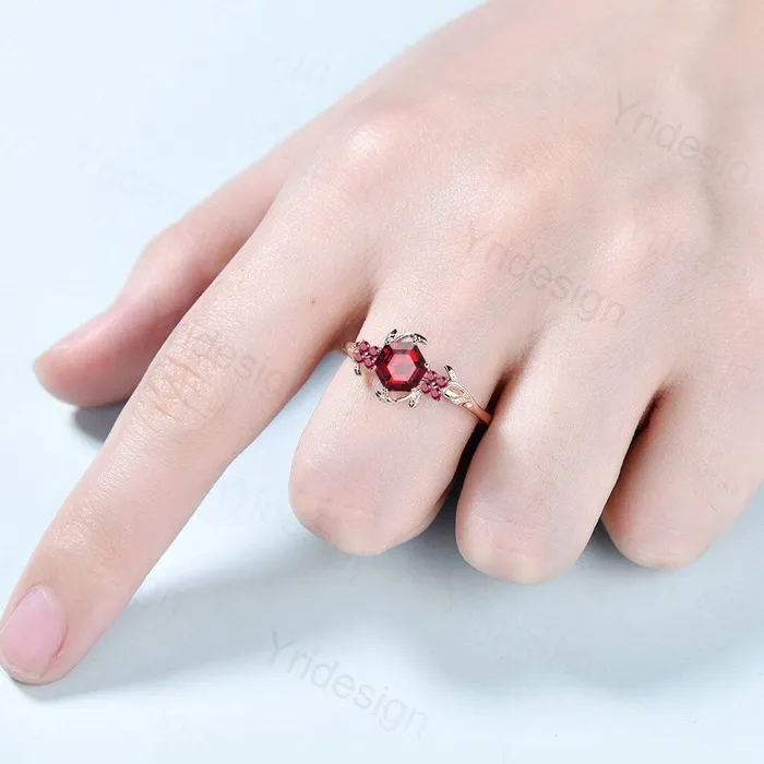 Floral Leaves Ruby Ring Unique Nature Inspired Red Ruby Leaf Engagement Ring Vintage Branch Crystal Wedding Ring Women July Birthstone Gift PENFINE Rings