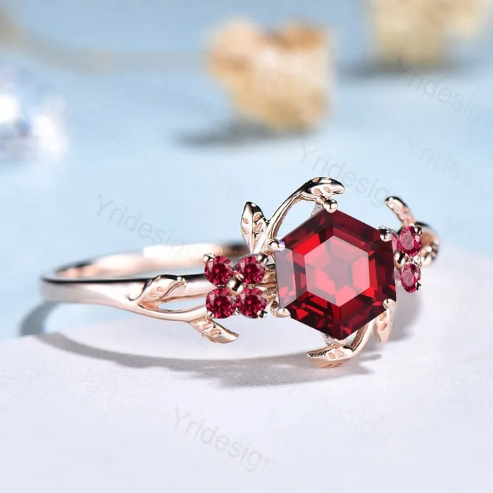 Floral Leaves Ruby Ring Unique Nature Inspired Red Ruby Leaf Engagement Ring Vintage Branch Crystal Wedding Ring Women July Birthstone Gift PENFINE Rings