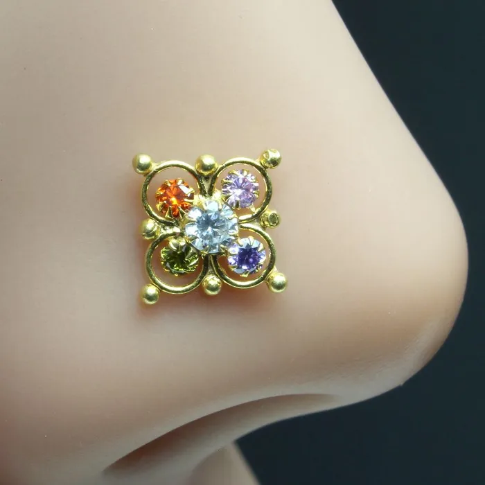 Indian Nose ring Multicolor CZ studded gold plated Piercing Nose stud push pin Karizma Jewels Rings