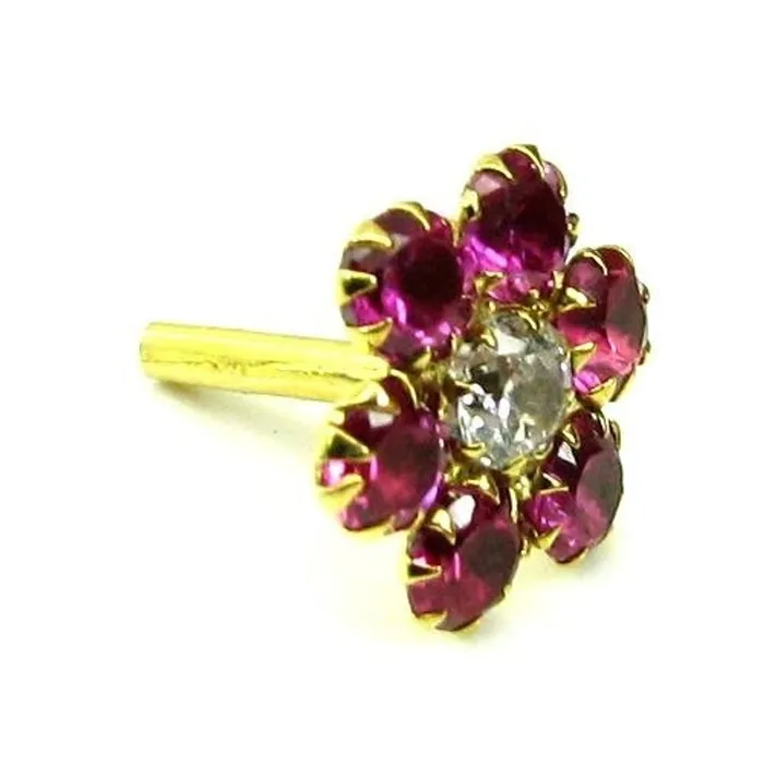 Karizma Jewels Earrings Indian Style Floral CZ Studded Body Piercing Jewelry Nose Stud Pin Solid Real 14k Yellow Gold