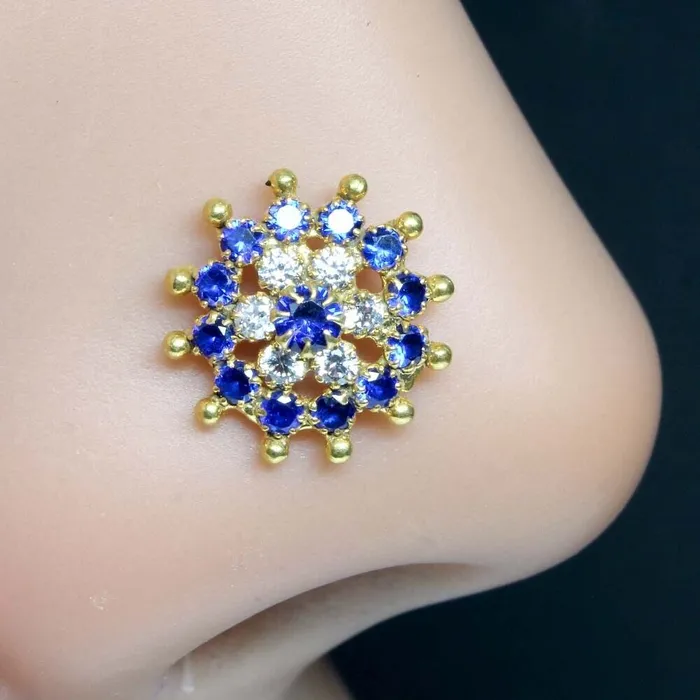 Karizma Jewels Rings Big Gold Plated Nose Stud Blue White CZ nose ring