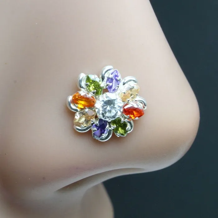 Karizma Jewels Rings Ethnic 925 Sterling Silver Multicolor CZ Studded Nose ring Push Pin