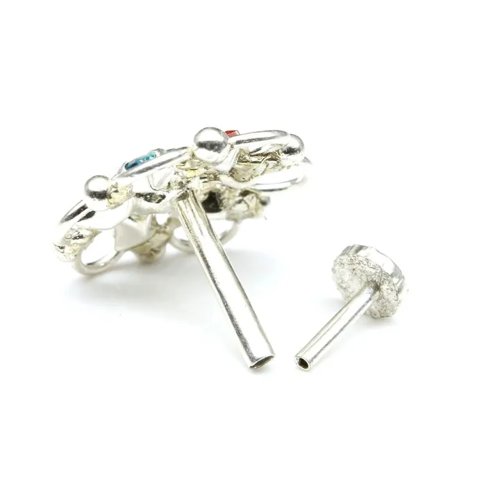 Karizma Jewels Rings Ethnic 925 Sterling Silver Multicolor CZ Studded Nose ring Push Pin