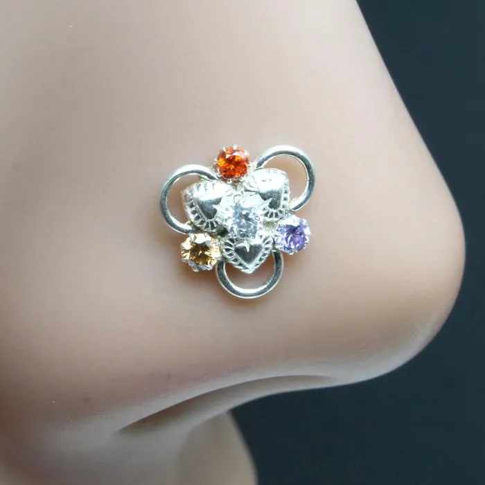Karizma Jewels Rings Ethnic Indian 925 Sterling Silver Multicolor CZ Studded Nose ring Push Pin Karizma Jewels Rings Ethnic Indian 925 Sterling Silver Multicolor CZ Studded Nose ring Push Pin
