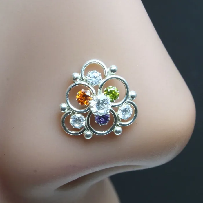 Karizma Jewels Rings Ethnic Indian 925 Sterling Silver Multicolor CZ Studded Nose ring Push Pin