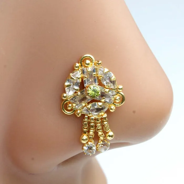 Karizma Jewels Rings Handmade style Gold Plated Dangle Nose ring Green White CZ Twisted nose ring 22g
