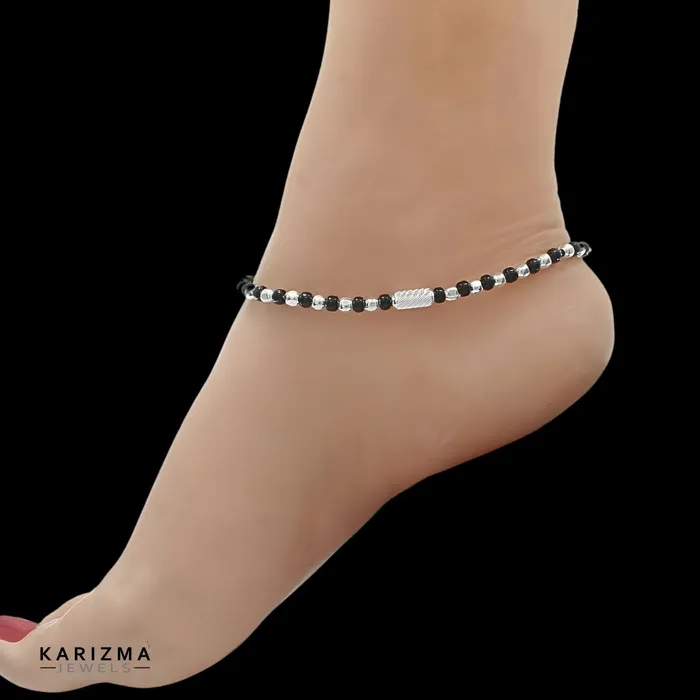 Karizma Jewels Rings Real Sterling Silver Indian women black beads daily wear Anklet Pair 103