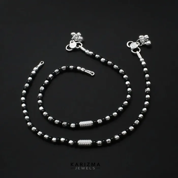 Karizma Jewels Rings Real Sterling Silver Indian women black beads daily wear Anklet Pair 103