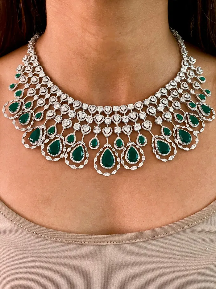 Necklaces PRERTO ECOMMERCE PRIVATE LIMITED 5 Layer Dimonte Emerald Tear Drop Heart Necklace Set Necklaces PRERTO ECOMMERCE PRIVATE LIMITED 5 Layer Dimonte Emerald Tear Drop Heart Necklace Set
