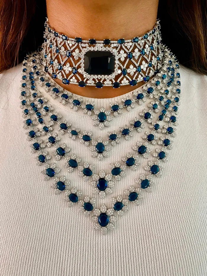 Necklaces PRERTO ECOMMERCE PRIVATE LIMITED Maharani Sapphire Appliqu Dimonte Choker Set Sapphire Divine Floral Dimonte Necklace Set Necklaces PRERTO ECOMMERCE PRIVATE LIMITED Maharani Sapphire Appliqu Dimonte Choker Set Sapphire Divine Floral Dimonte Necklace Set