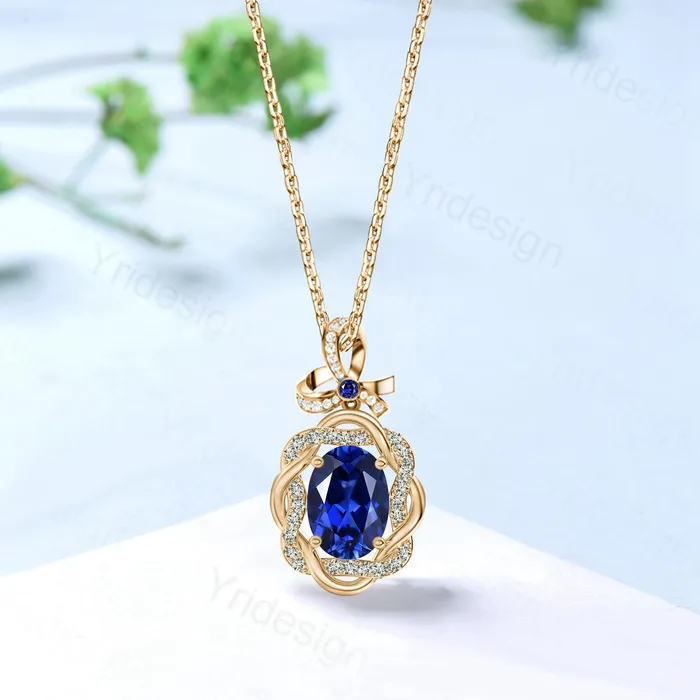 Necklaces Unique Oval Sapphire Pendant Necklace Vintage Oval Blue Sapphire Halo Diamond Pendant Necklace Rose Gold Retro Christmas Promise Gift Women PENFINE