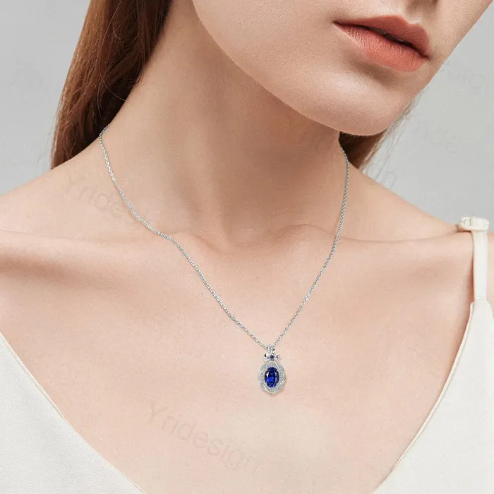 Necklaces Unique Oval Sapphire Pendant Necklace Vintage Oval Blue Sapphire Halo Diamond Pendant Necklace Rose Gold Retro Christmas Promise Gift Women PENFINE