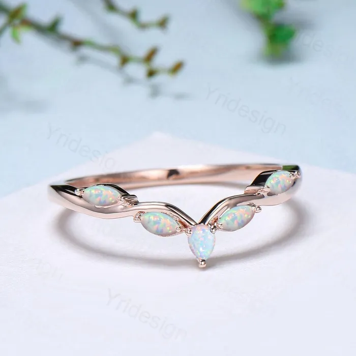 Pear Shaped And Marquise Opal Wedding Band 14K Rose Gold Snowdrift White Opal Stacking Wedding Ring October Birthstone Band Anniversary gift PENFINE Rings Pear Shaped And Marquise Opal Wedding Band 14K Rose Gold Snowdrift White Opal Stacking Wedding Ring October Birthstone Band Anniversary gift PENFINE Rings