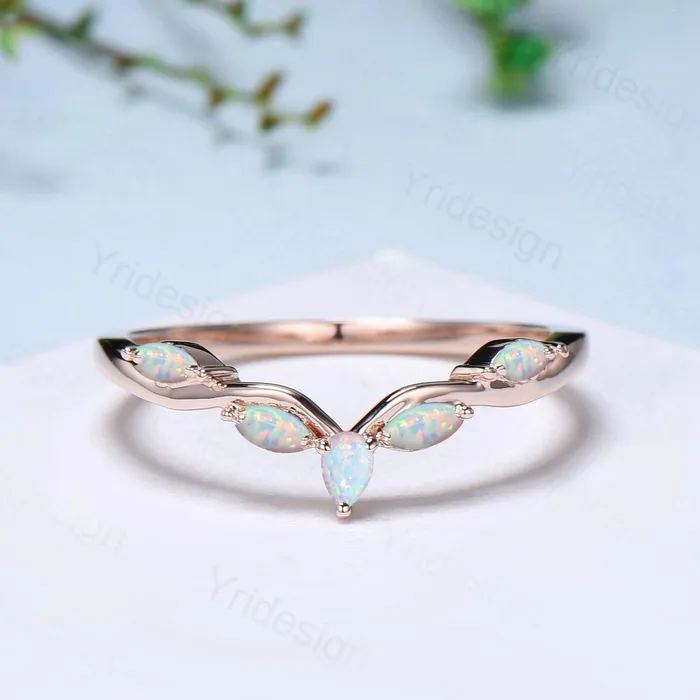 Pear Shaped And Marquise Opal Wedding Band 14K Rose Gold Snowdrift White Opal Stacking Wedding Ring October Birthstone Band Anniversary gift PENFINE Rings