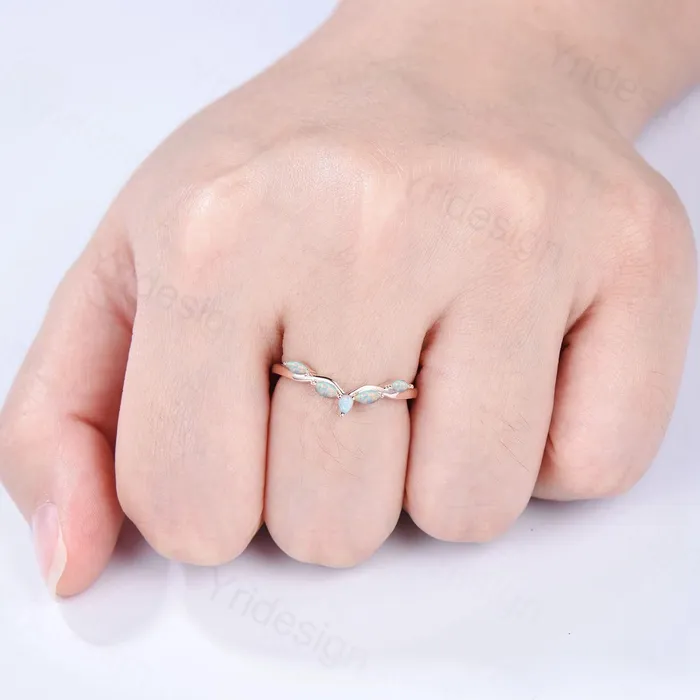 Pear Shaped And Marquise Opal Wedding Band 14K Rose Gold Snowdrift White Opal Stacking Wedding Ring October Birthstone Band Anniversary gift PENFINE Rings