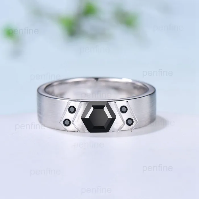 PENFINE Rings 6mm Mens Wedding Ring Retro 1 carat Black Onyx Brushed Finished Solitaire Wedding Band Silver 14K Solid White Gold Unique Birthday Gift Men PENFINE Rings 6mm Mens Wedding Ring Retro 1 carat Black Onyx Brushed Finished Solitaire Wedding Band Silver 14K Solid White Gold Unique Birthday Gift Men