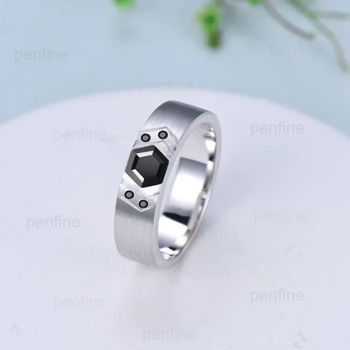 PENFINE Rings 6mm Mens Wedding Ring Retro 1 carat Black Onyx Brushed Finished Solitaire Wedding Band Silver 14K Solid White Gold Unique Birthday Gift Men