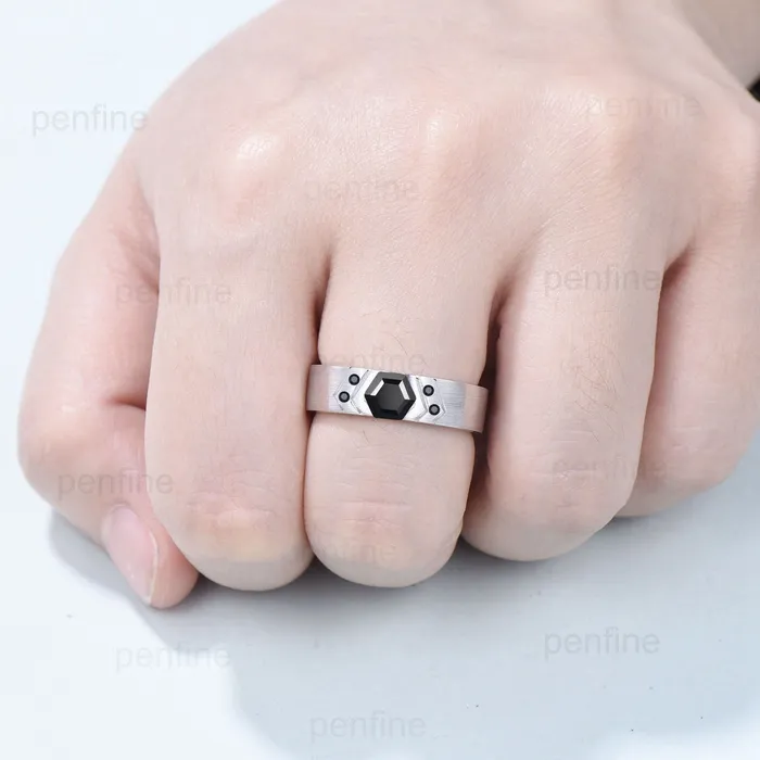 PENFINE Rings 6mm Mens Wedding Ring Retro 1 carat Black Onyx Brushed Finished Solitaire Wedding Band Silver 14K Solid White Gold Unique Birthday Gift Men