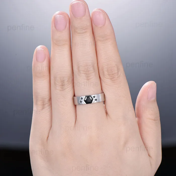 PENFINE Rings 6mm Mens Wedding Ring Retro 1 carat Black Onyx Brushed Finished Solitaire Wedding Band Silver 14K Solid White Gold Unique Birthday Gift Men