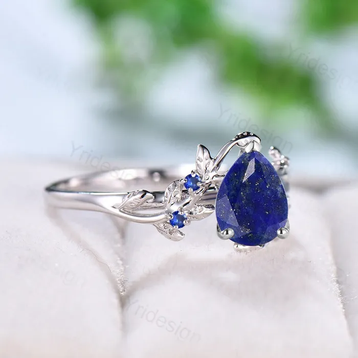 PENFINE Rings Elegant Pear Shaped Lapis Lazuli Ring Vintage Unique Twig Engagement Ring Leaf Cluster Sapphire Wedding Ring Women Blue Gemstone Branch Ring