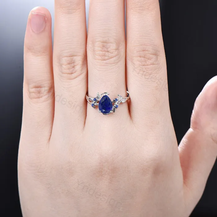 PENFINE Rings Elegant Pear Shaped Lapis Lazuli Ring Vintage Unique Twig Engagement Ring Leaf Cluster Sapphire Wedding Ring Women Blue Gemstone Branch Ring