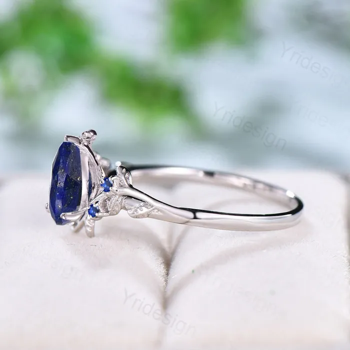 PENFINE Rings Elegant Pear Shaped Lapis Lazuli Ring Vintage Unique Twig Engagement Ring Leaf Cluster Sapphire Wedding Ring Women Blue Gemstone Branch Ring