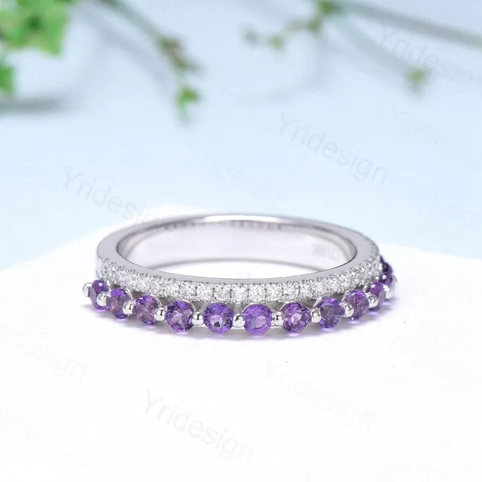 PENFINE Rings Enhance Amethyst diamond wedding band white gold moissanite band anniversary gift for wife Matching Stacking Ring Elegant Promise Band Her