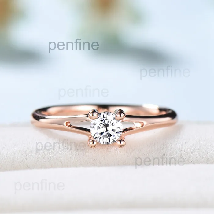 PENFINE Rings Minimalist Diamond Engagement Ring Dainty Plain Gold Moissanite Wedding Ring for Women Solid 14K Rose Gold Split Shank Anniversary Ring PENFINE Rings Minimalist Diamond Engagement Ring Dainty Plain Gold Moissanite Wedding Ring for Women Solid 14K Rose Gold Split Shank Anniversary Ring
