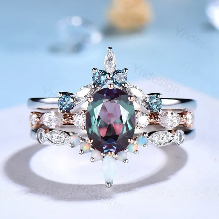 PENFINE Rings Unique alexandrite engagement ring set Vintage rose gold wedding set Art deco gold opal alexandrite stacking ring 6 Prongs bridal set PENFINE Rings Unique alexandrite engagement ring set Vintage rose gold wedding set Art deco gold opal alexandrite stacking ring 6 Prongs bridal set