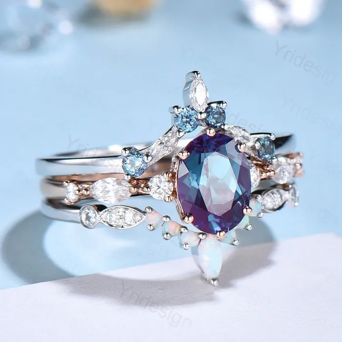 PENFINE Rings Unique alexandrite engagement ring set Vintage rose gold wedding set Art deco gold opal alexandrite stacking ring 6 Prongs bridal set