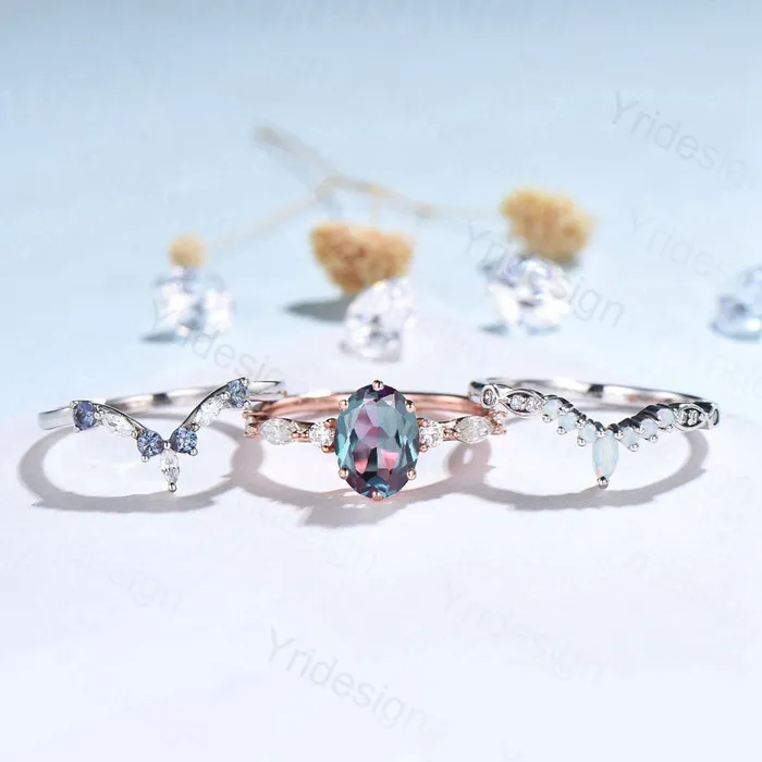 PENFINE Rings Unique alexandrite engagement ring set Vintage rose gold wedding set Art deco gold opal alexandrite stacking ring 6 Prongs bridal set