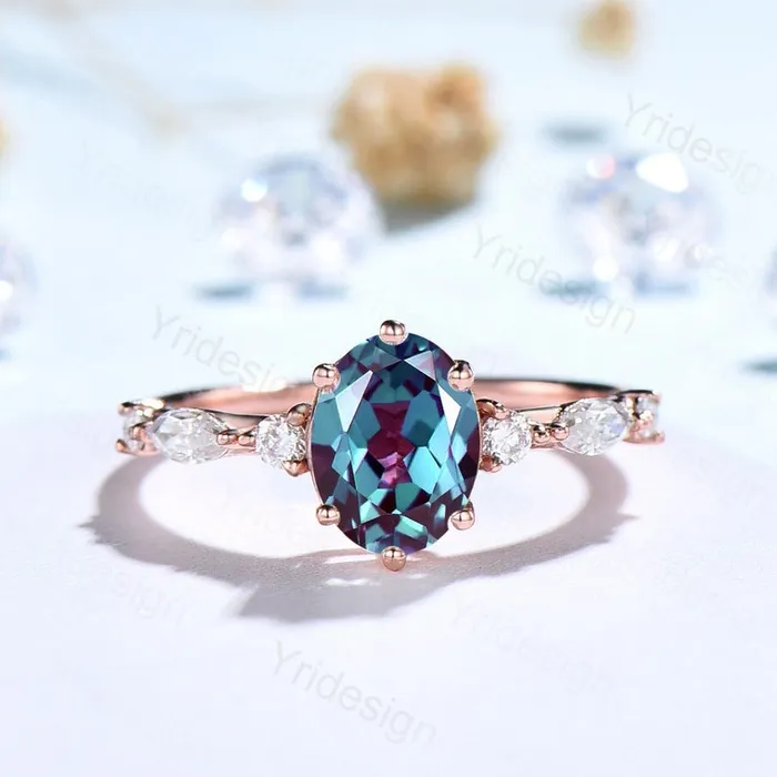 PENFINE Rings Unique alexandrite engagement ring set Vintage rose gold wedding set Art deco gold opal alexandrite stacking ring 6 Prongs bridal set