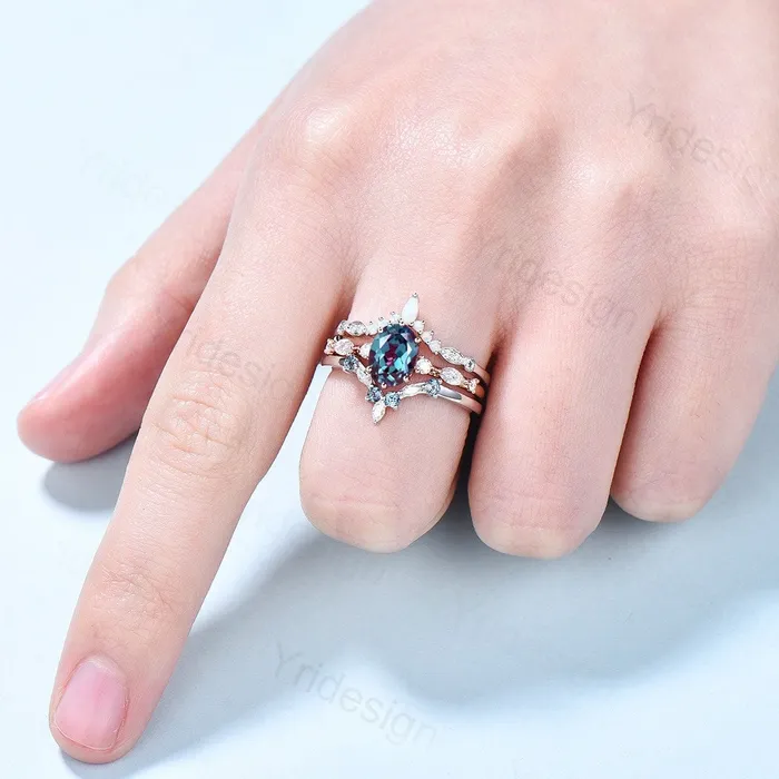 PENFINE Rings Unique alexandrite engagement ring set Vintage rose gold wedding set Art deco gold opal alexandrite stacking ring 6 Prongs bridal set