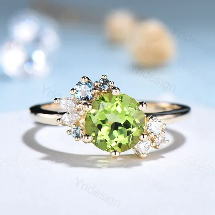 PENFINE Rings Unique Peridot Engagement Ring Cluster Alexandrite Moissanite Wedding Ring For Women Vintage art deco diamond Anniversary Promise Jewelry