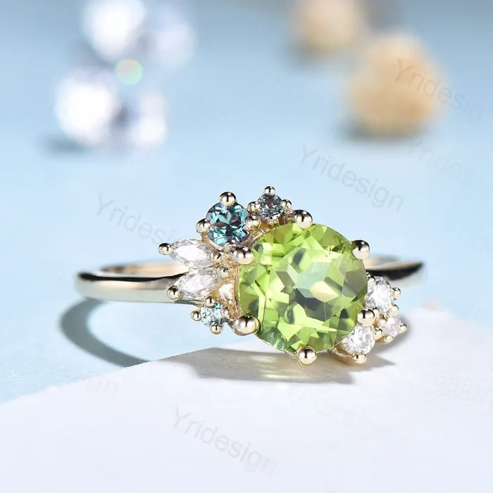 PENFINE Rings Unique Peridot Engagement Ring Cluster Alexandrite Moissanite Wedding Ring For Women Vintage art deco diamond Anniversary Promise Jewelry