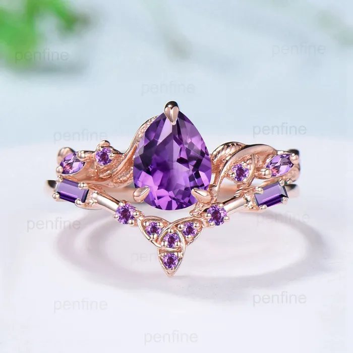PENFINE Rings Vintage amethyst ring set Nature Inspired purple crystal engagement ring Norse Viking Leaf February birthstone wedding ring set for women PENFINE Rings Vintage amethyst ring set Nature Inspired purple crystal engagement ring Norse Viking Leaf February birthstone wedding ring set for women