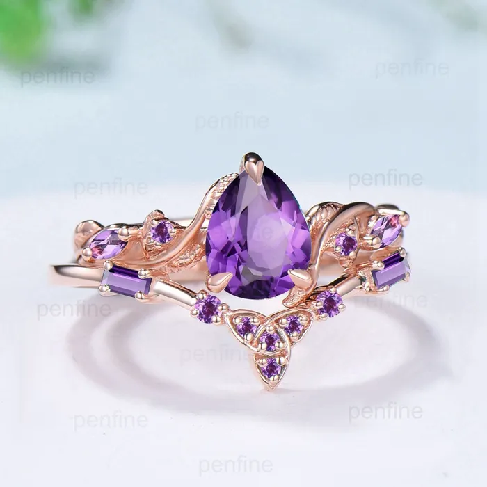 PENFINE Rings Vintage amethyst ring set Nature Inspired purple crystal engagement ring Norse Viking Leaf February birthstone wedding ring set for women