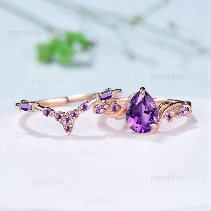 PENFINE Rings Vintage amethyst ring set Nature Inspired purple crystal engagement ring Norse Viking Leaf February birthstone wedding ring set for women