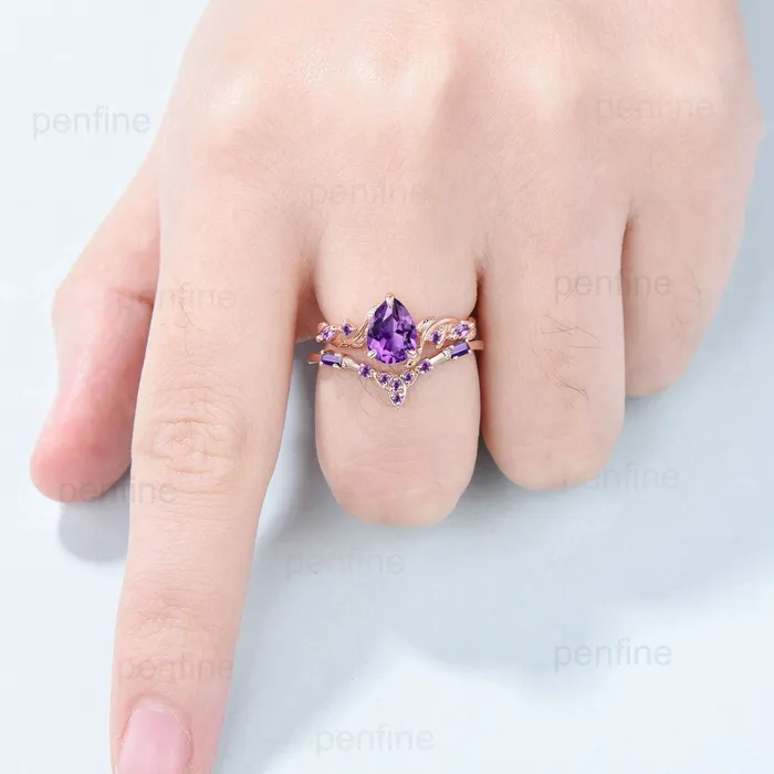 PENFINE Rings Vintage amethyst ring set Nature Inspired purple crystal engagement ring Norse Viking Leaf February birthstone wedding ring set for women