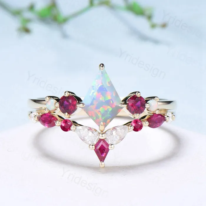 PENFINE Rings Vintage Kite Fire Opal Engagement Ring Set White Opal Ruby Wedding ring Set Art Deco Anniversary Gift 2Pcs 14K Yellow Gold Bride Set Women PENFINE Rings Vintage Kite Fire Opal Engagement Ring Set White Opal Ruby Wedding ring Set Art Deco Anniversary Gift 2Pcs 14K Yellow Gold Bride Set Women