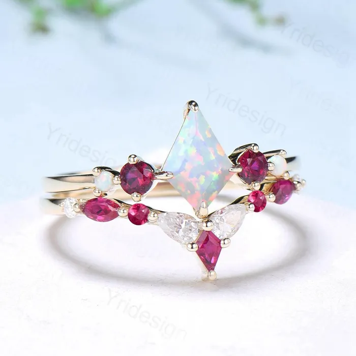 PENFINE Rings Vintage Kite Fire Opal Engagement Ring Set White Opal Ruby Wedding ring Set Art Deco Anniversary Gift 2Pcs 14K Yellow Gold Bride Set Women